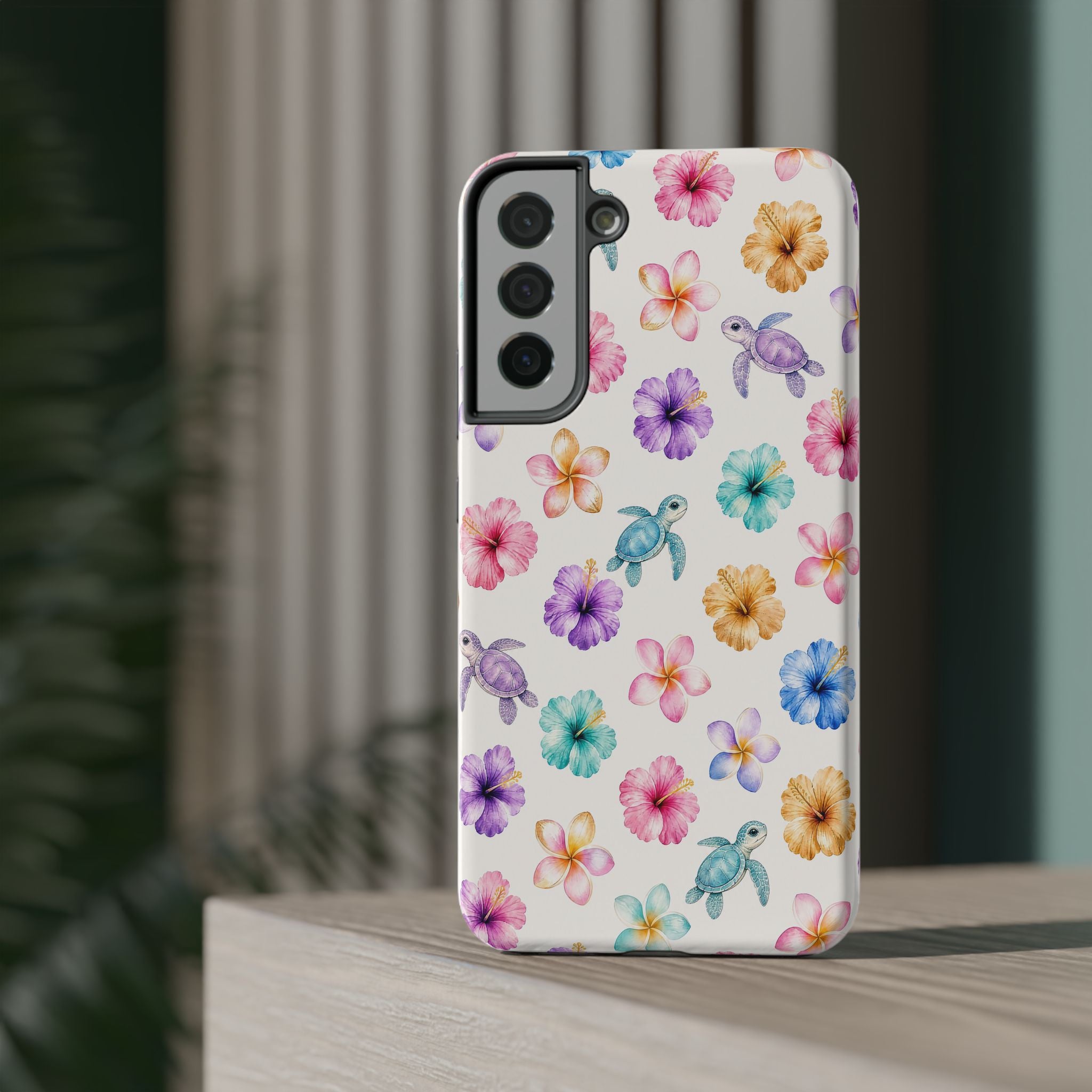 Sea Turtle Floral Phone Case — Colorful Hawaiian Plumeria Protective Case