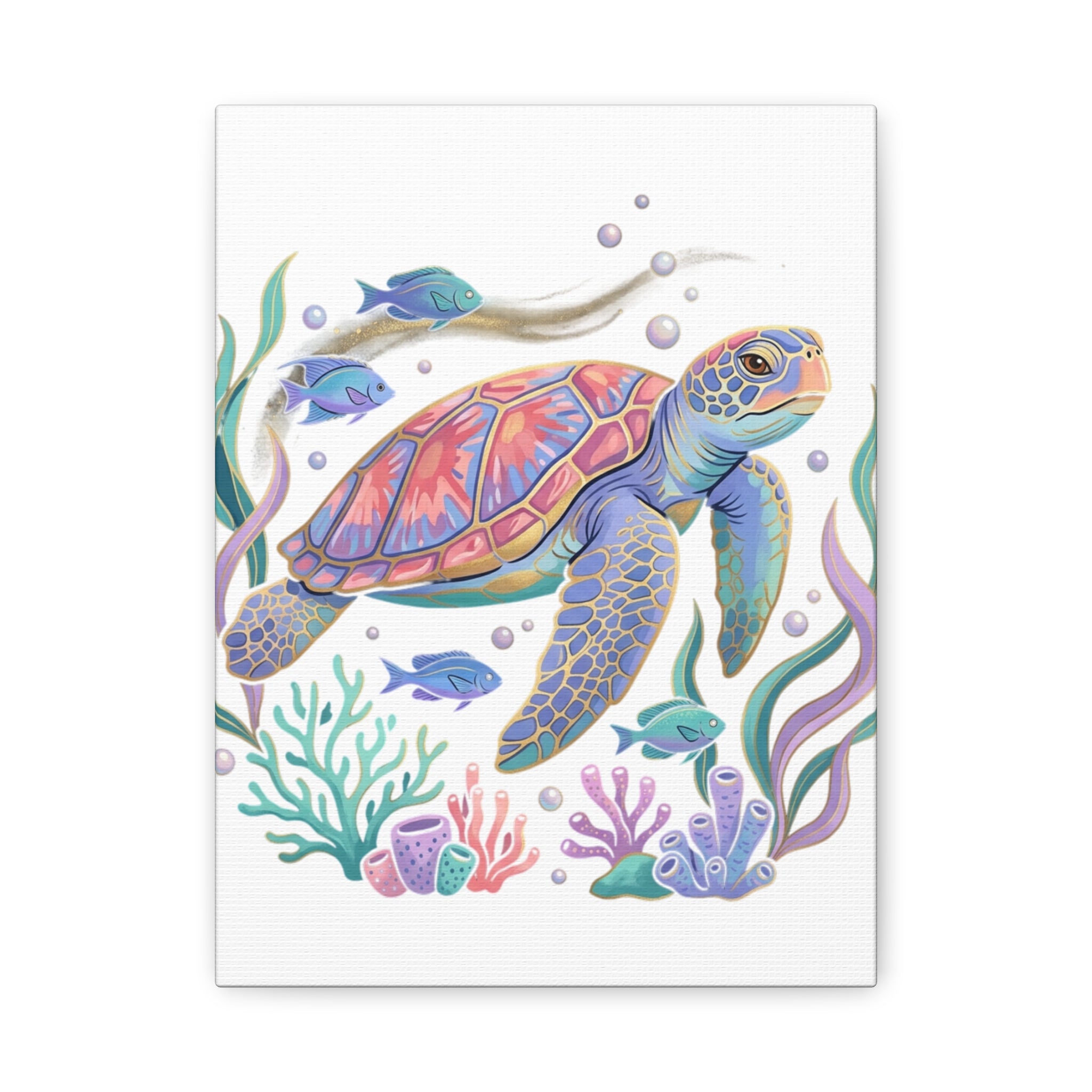 Colorful Sea Turtle Canvas Wall Art — Pastel Ocean Turtle Print on Matte Stretched Canvas