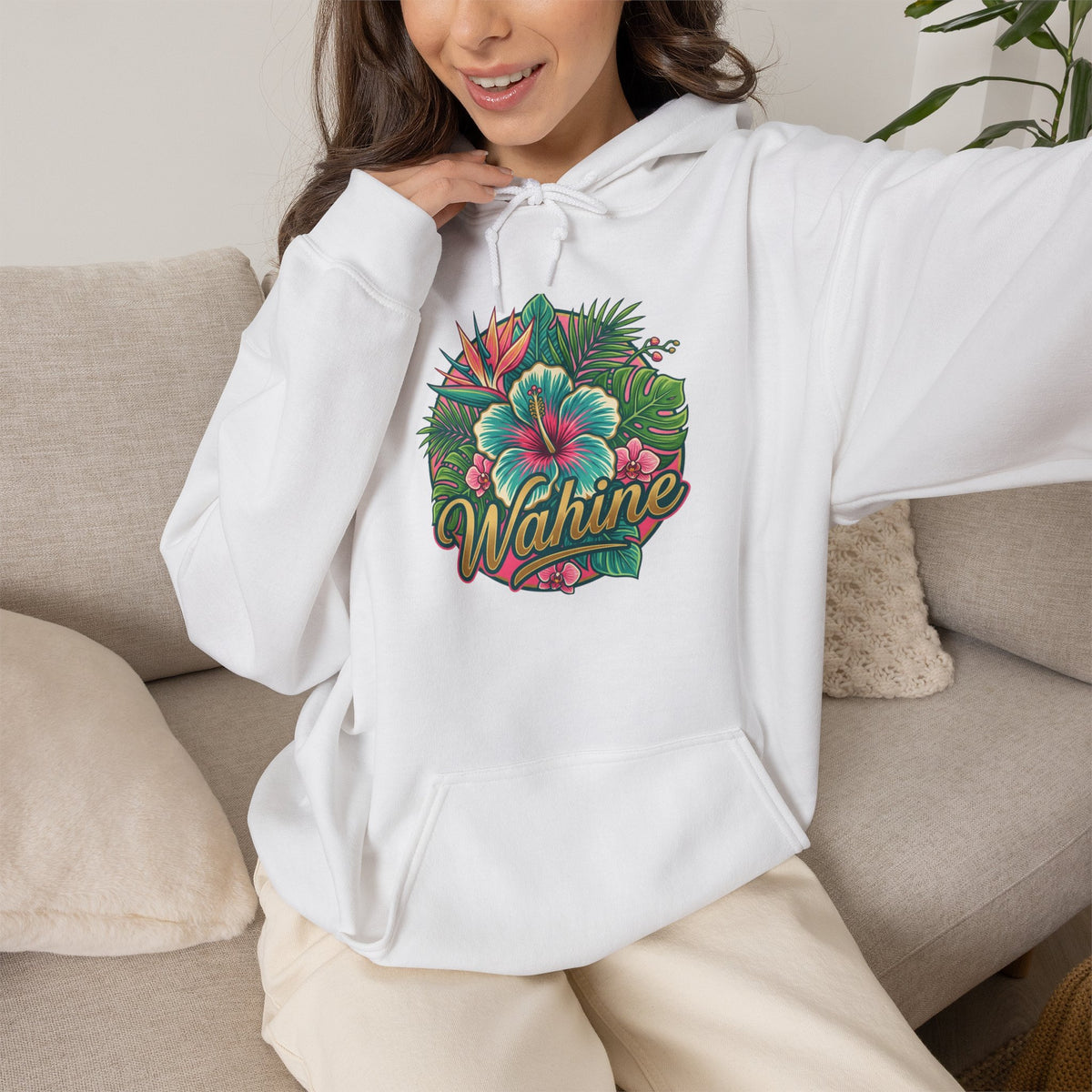 Wahine Tropical Floral Design Hoodie | Hawaiian Hibiscus Palm Leaves