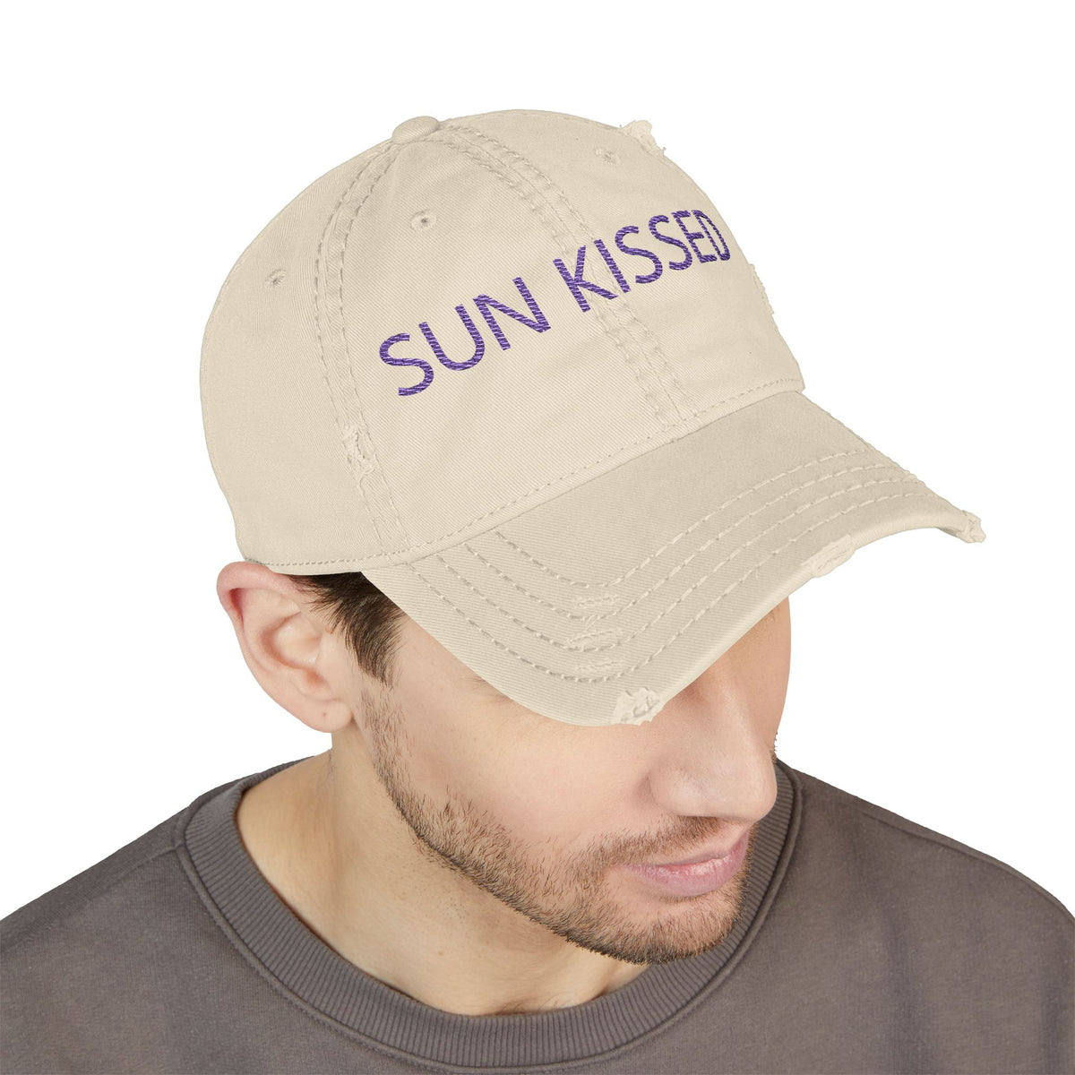 Sun Kissed Distressed Dad Hat — Embroidered Beige Baseball Cap