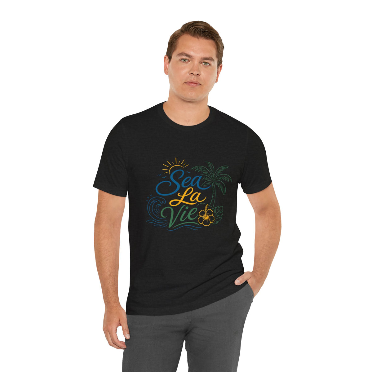 Sea La Vie beach palm graphic Tee | tropical waves, palm tree, hibiscus