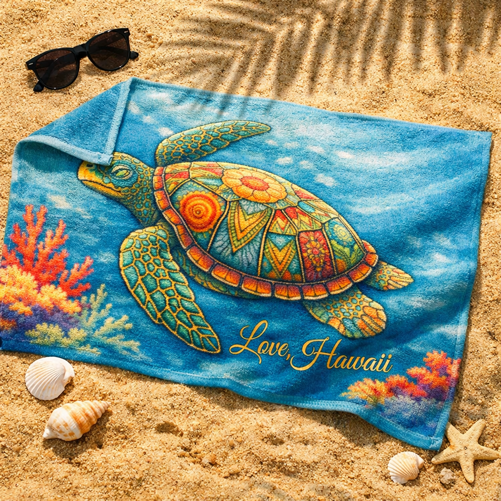 Sea Turtle Beach Towel — Colorful Ocean Turtle Design-Love, Hawaii Swim Collection