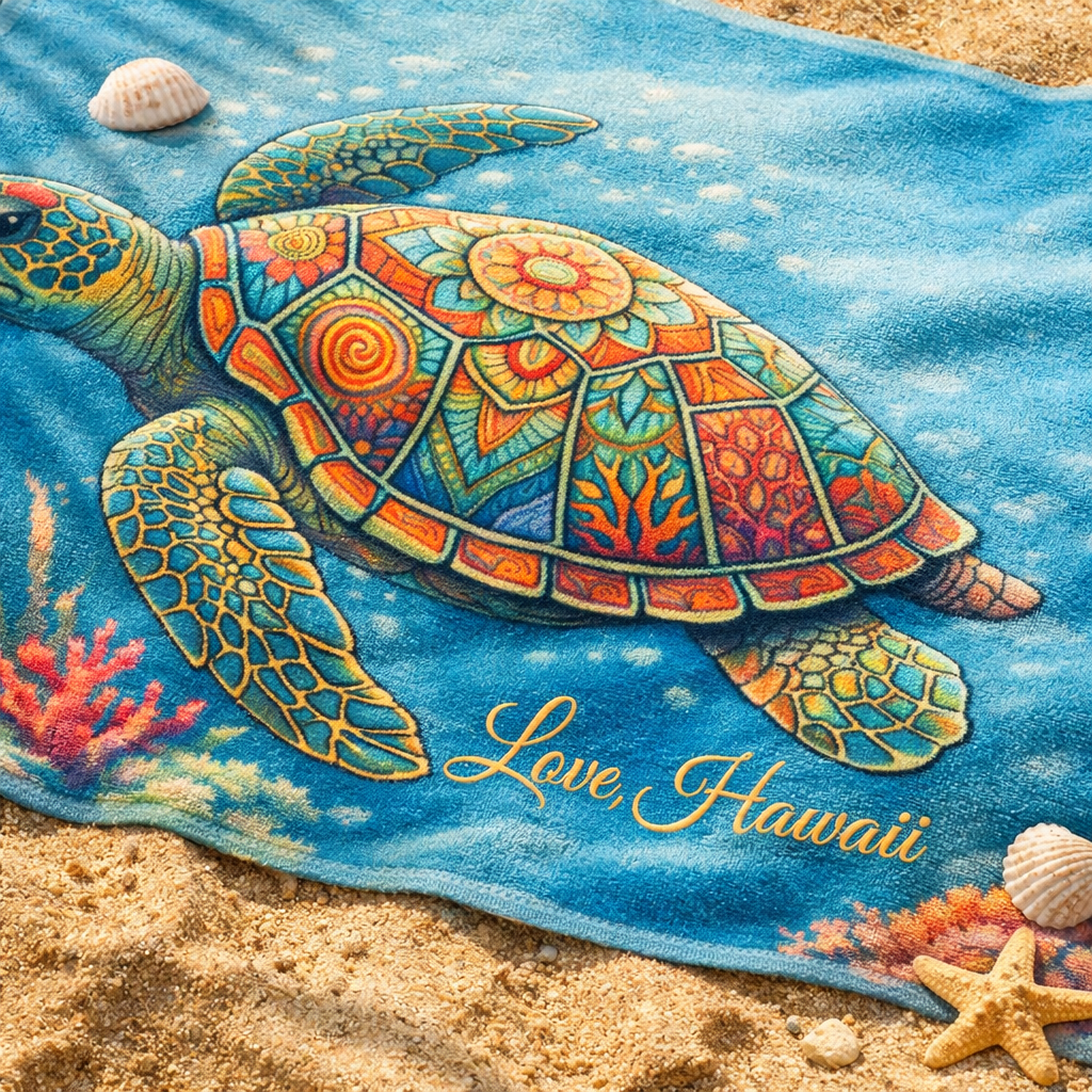 Sea Turtle Beach Towel — Colorful Ocean Turtle Design-Love, Hawaii Swim Collection