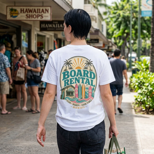 Board Rental T-Shirt — Hawaiian Surf Shop Graphic Tee (Back & Chest Print)