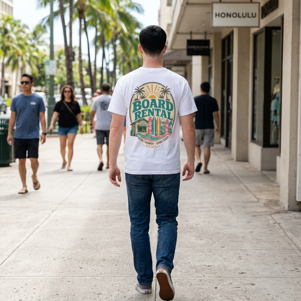 Board Rental T-Shirt — Hawaiian Surf Shop Graphic Tee (Back & Chest Print)