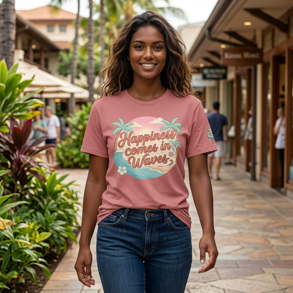 Happiness Comes in Waves Hawaiian Tee — Pastel Sunset & Palm Beach Shirt