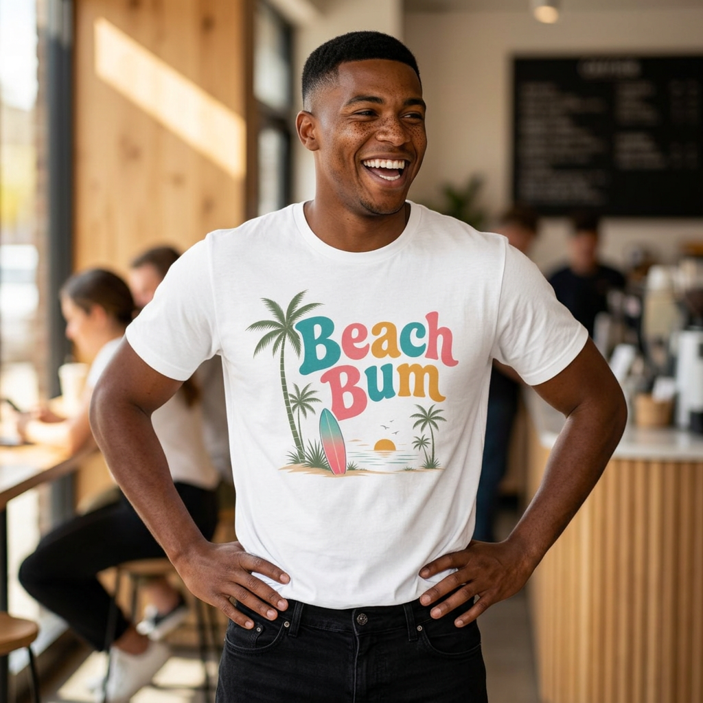Beach Bum graphic tee | Surfboard palm tree sunset T-Shirt