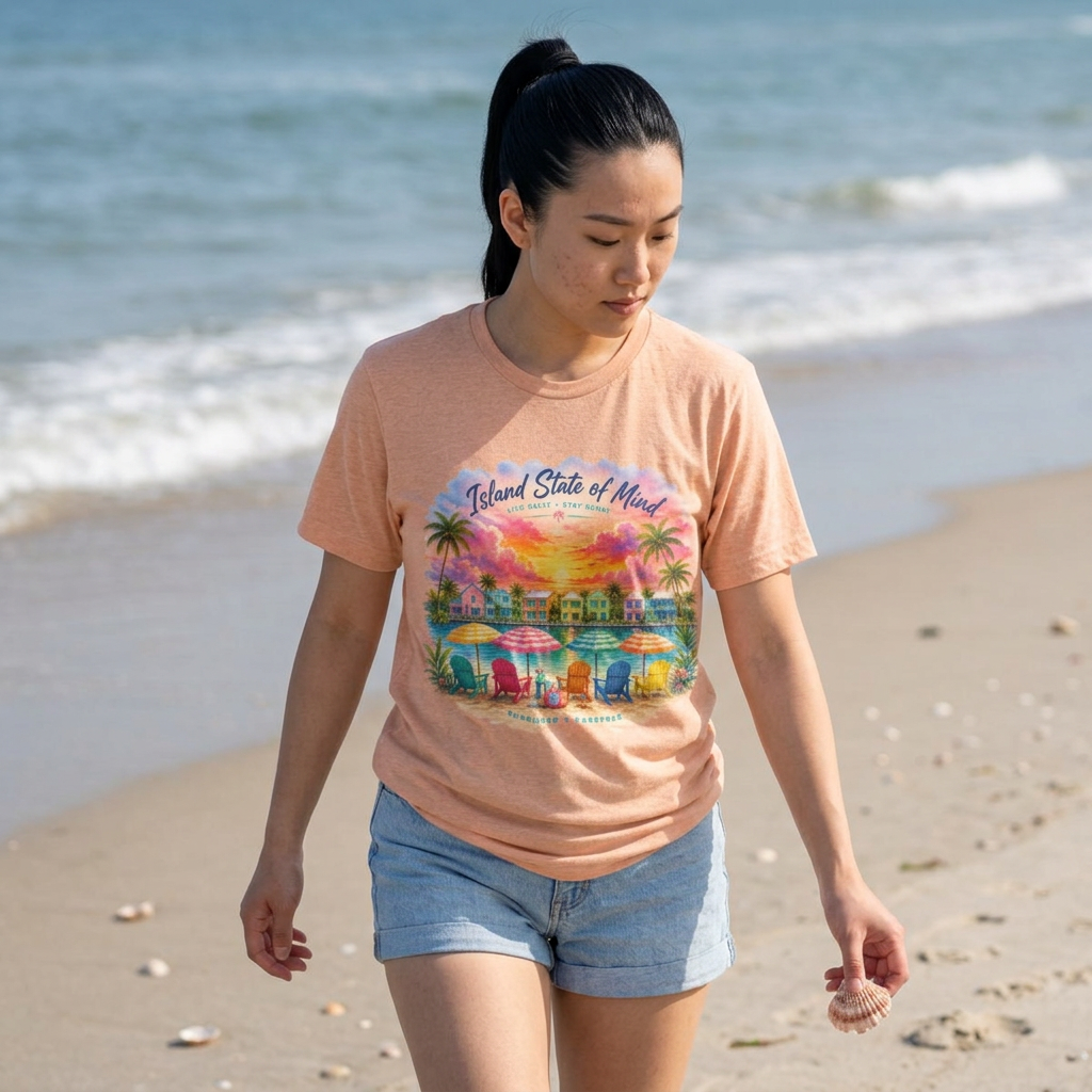 Island State of Mind T-Shirt | Tropical Beach Sunset, Palm Trees, Beach Chairs