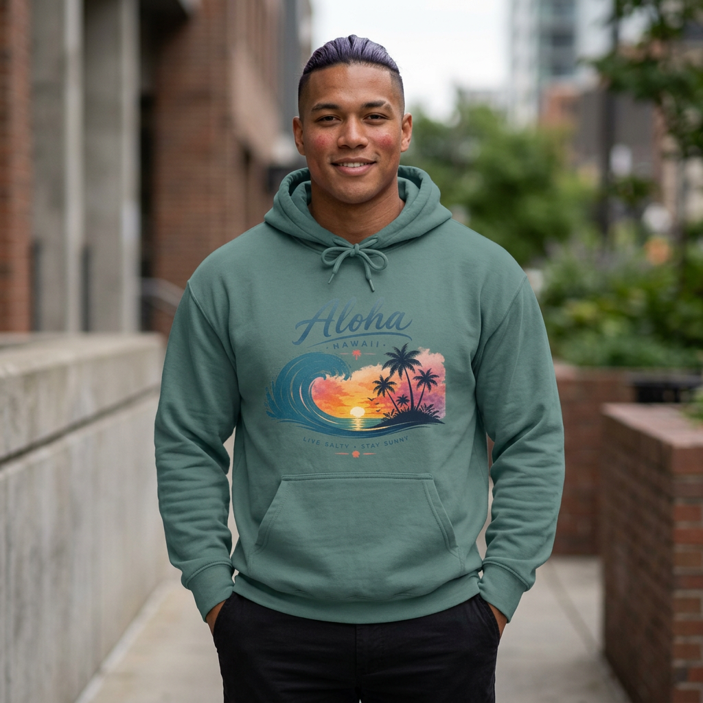 Aloha Hawaii Sunset Wave Palm Trees Hoodie | Beach Tropical Surf Pullover