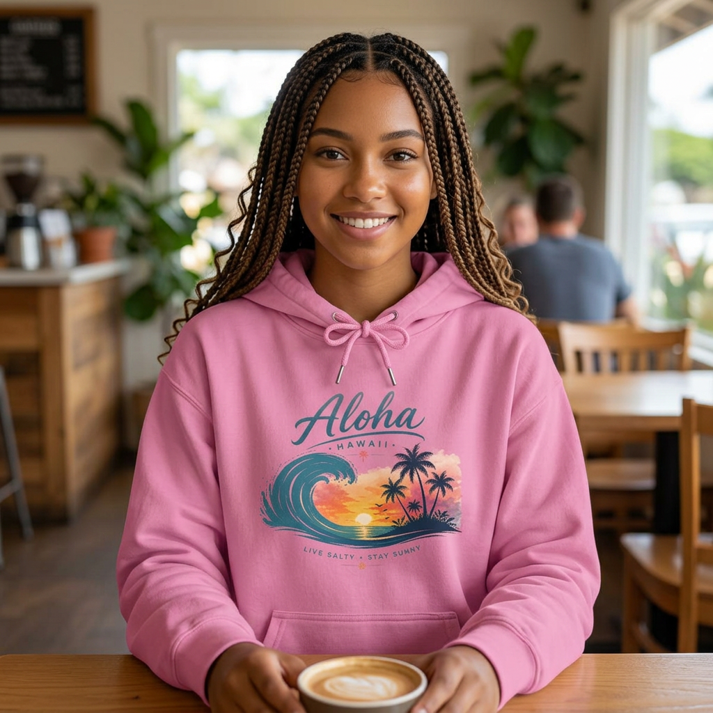 Aloha Hawaii Sunset Wave Palm Trees Hoodie | Beach Tropical Surf Pullover