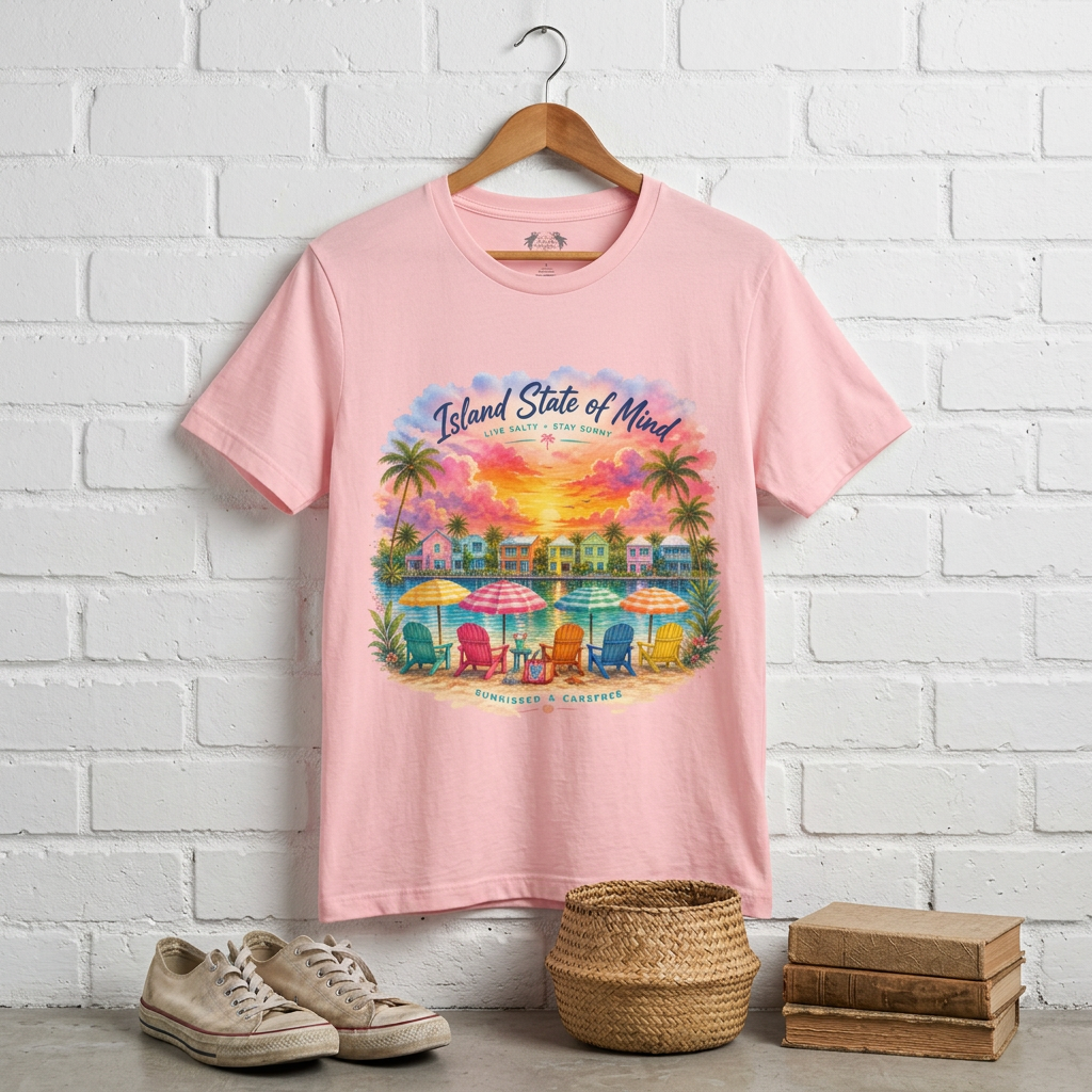 Island State of Mind T-Shirt | Tropical Beach Sunset, Palm Trees, Beach Chairs