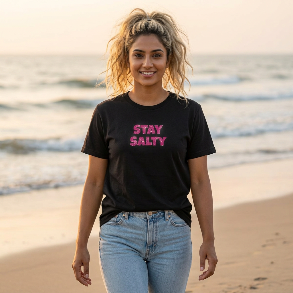 Stay Salty Tee-Pink Glitter Letters- Fun Beachy Graphic T‑Shirt
