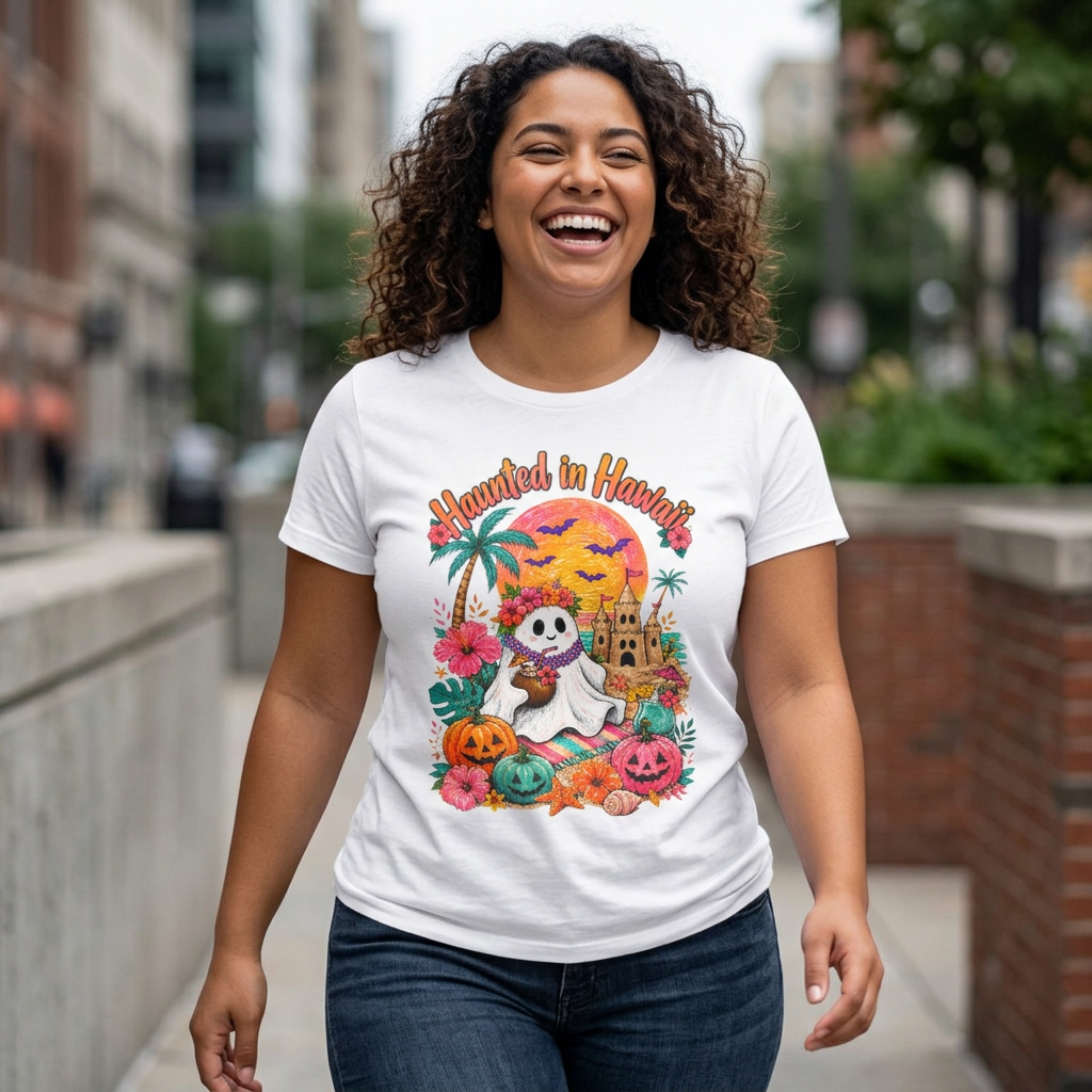 Haunted in Hawaii ghost palm tree tee | Halloween tropical pumpkin design