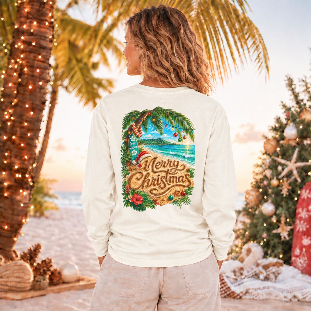 Mele Kalikimaka Long Sleeve Shirt | Hawaiian Christmas Shirt | Tropical Holiday Tee | Comfort Colors Christmas Beach Shirt | Love Hawaii