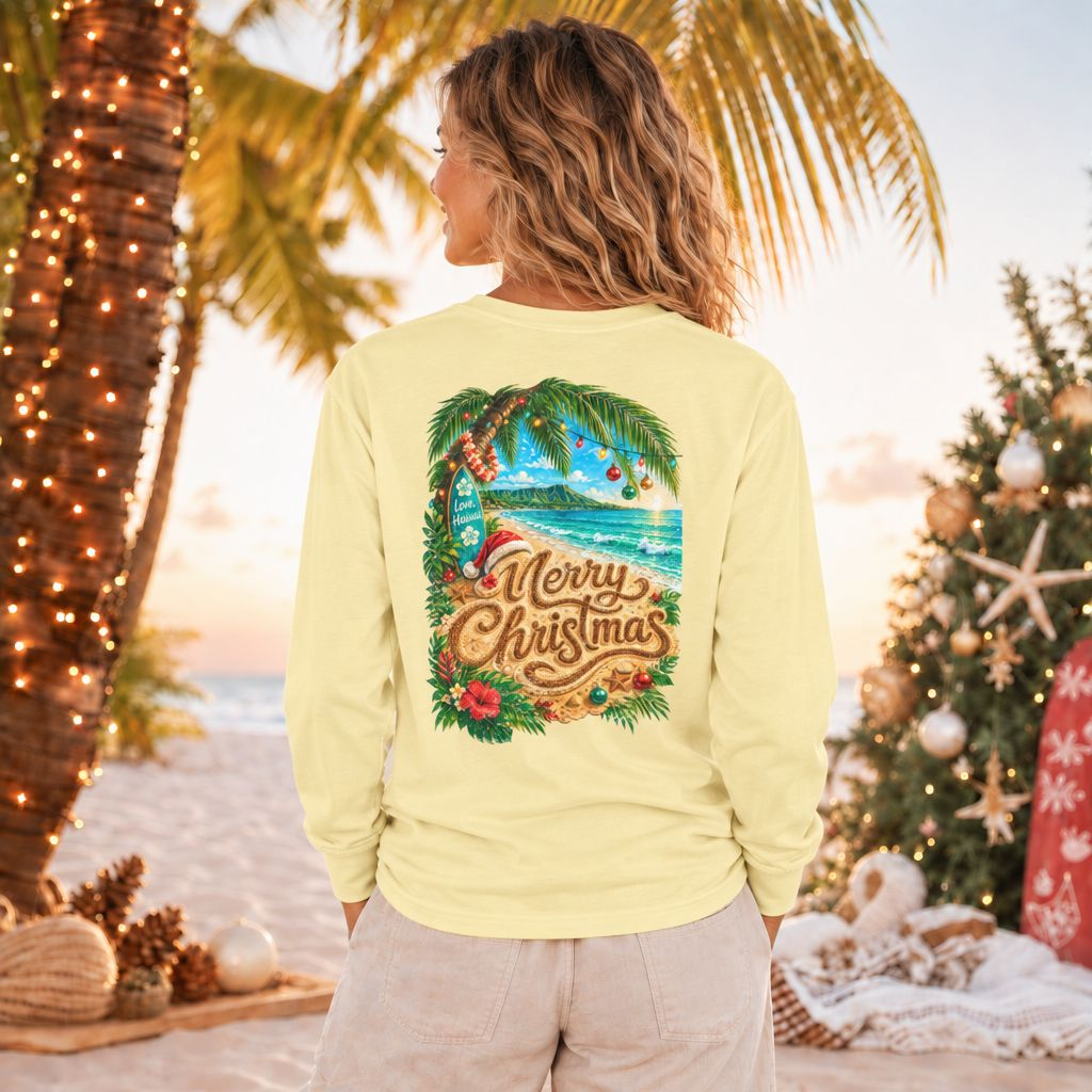 Mele Kalikimaka Long Sleeve Shirt | Hawaiian Christmas Shirt | Tropical Holiday Tee | Comfort Colors Christmas Beach Shirt | Love Hawaii
