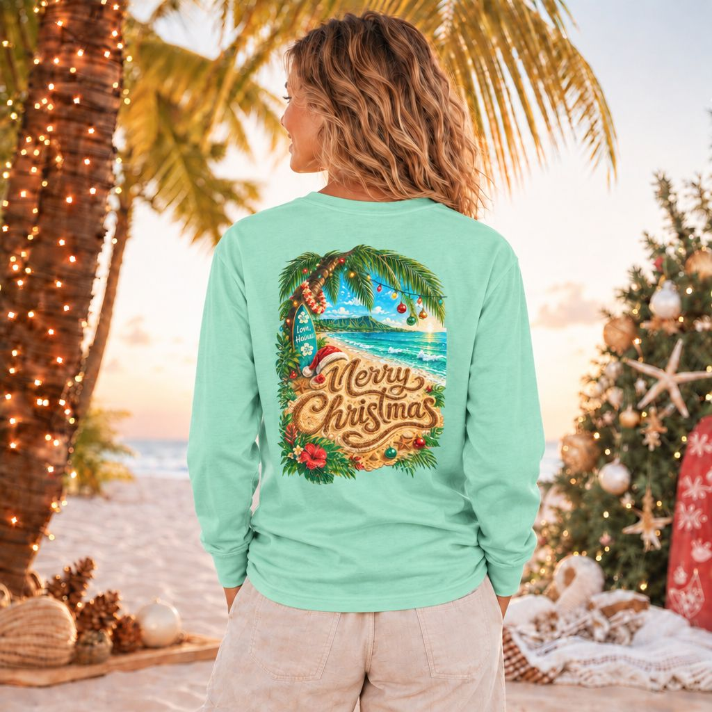 Mele Kalikimaka Long Sleeve Shirt | Hawaiian Christmas Shirt | Tropical Holiday Tee | Comfort Colors Christmas Beach Shirt | Love Hawaii