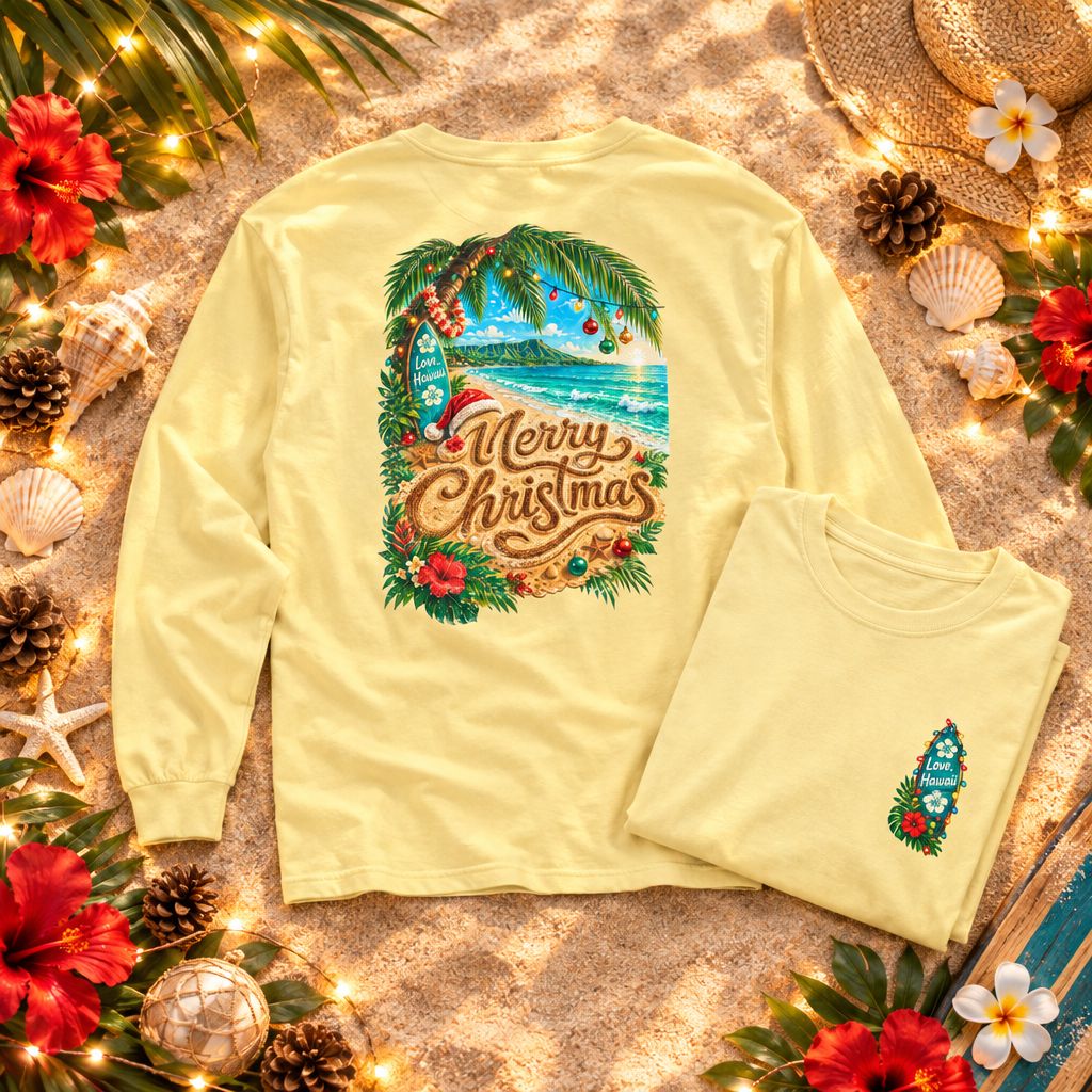 Mele Kalikimaka Long Sleeve Shirt | Hawaiian Christmas Shirt | Tropical Holiday Tee | Comfort Colors Christmas Beach Shirt | Love Hawaii