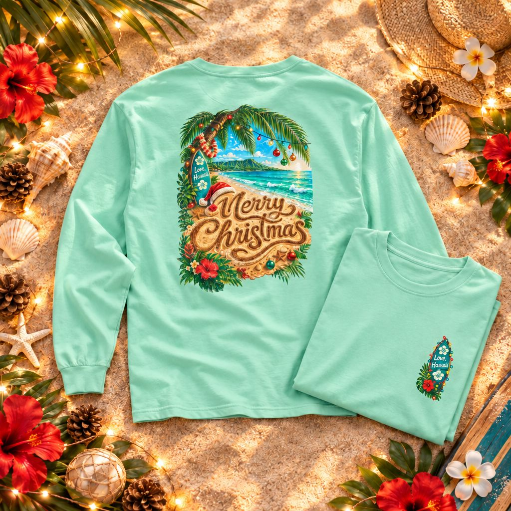 Mele Kalikimaka Long Sleeve Shirt | Hawaiian Christmas Shirt | Tropical Holiday Tee | Comfort Colors Christmas Beach Shirt | Love Hawaii