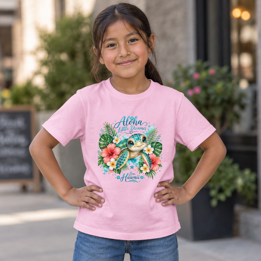 Aloha Little Dreamer| Sea Turtle Youth Tee | Hawaiian Hibiscus Tropical Shirt