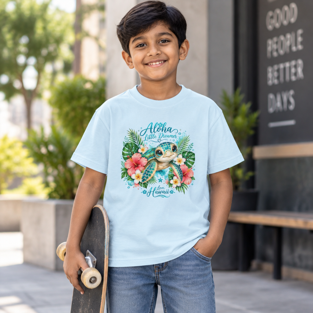 Aloha Little Dreamer| Sea Turtle Youth Tee | Hawaiian Hibiscus Tropical Shirt
