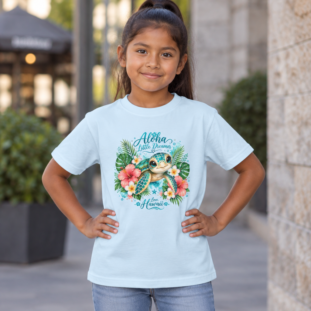 Aloha Little Dreamer| Sea Turtle Youth Tee | Hawaiian Hibiscus Tropical Shirt
