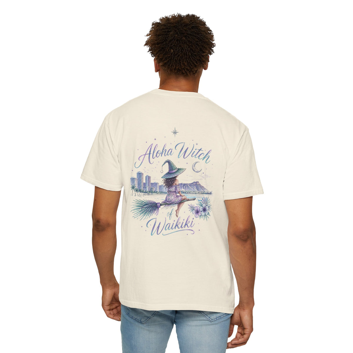 Aloha Witch of Waikiki Shirt- Minimal Witch Hawaiian Tee -Diamond Head Skyline-Hawaii Halloween Shirt