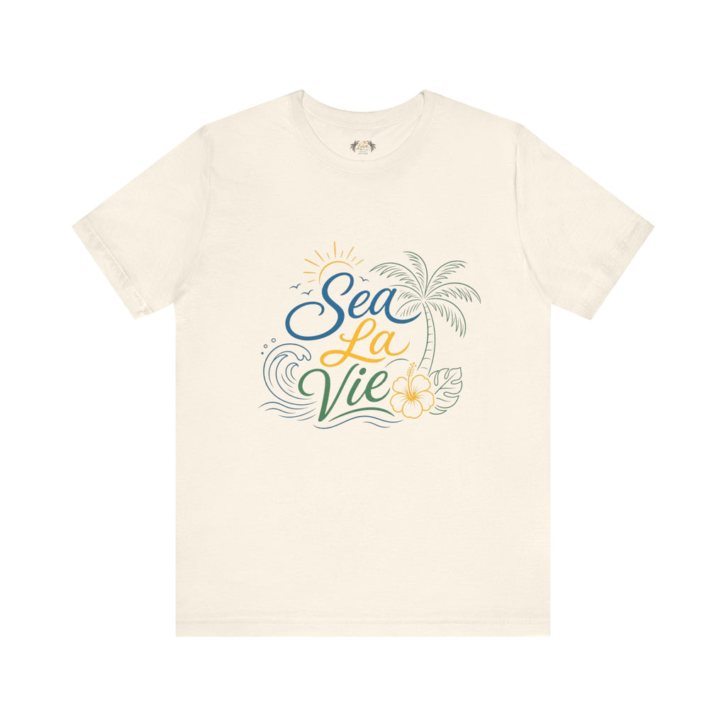 Sea La Vie beach palm graphic Tee | tropical waves, palm tree, hibiscus