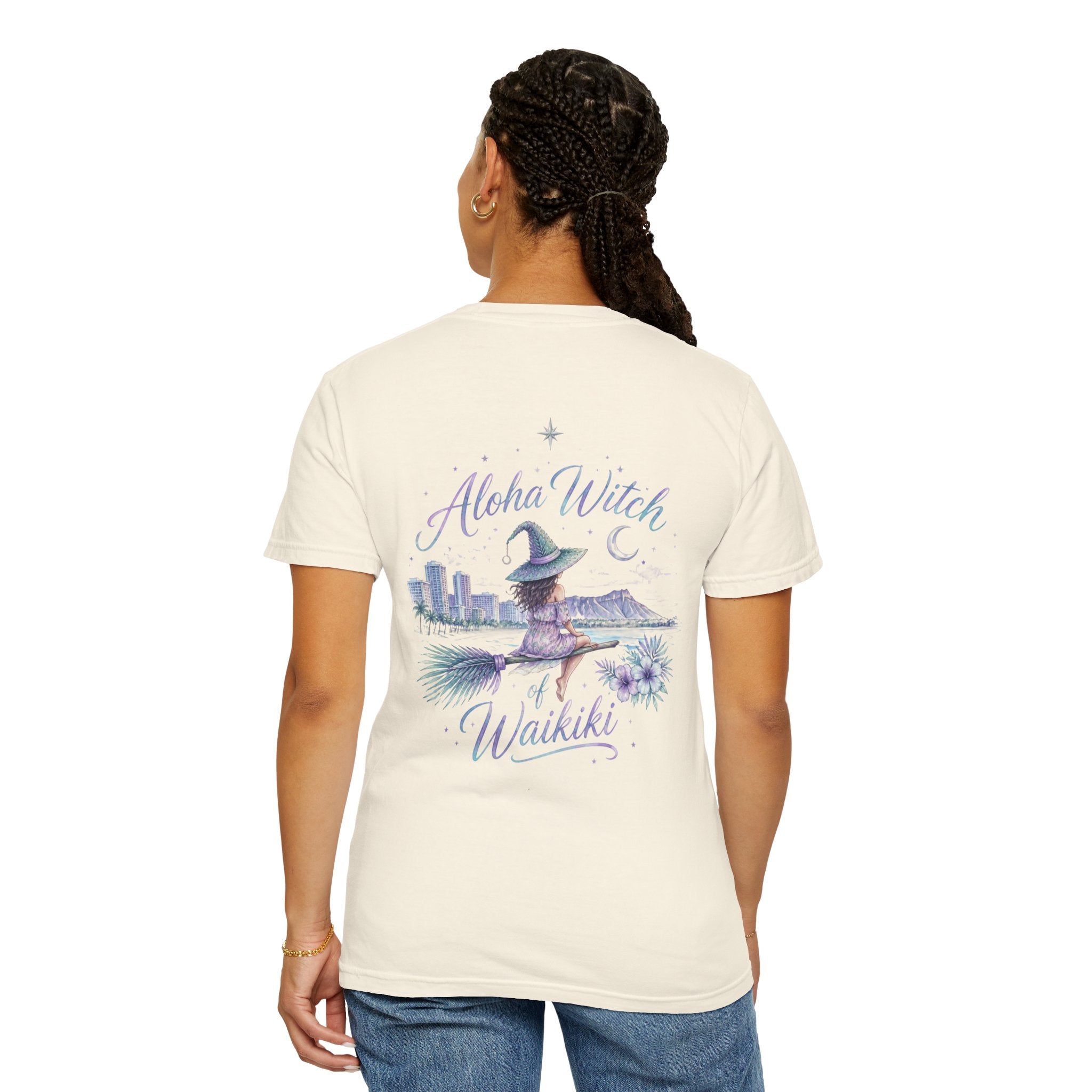 Aloha Witch of Waikiki Shirt- Minimal Witch Hawaiian Tee -Diamond Head Skyline-Hawaii Halloween Shirt