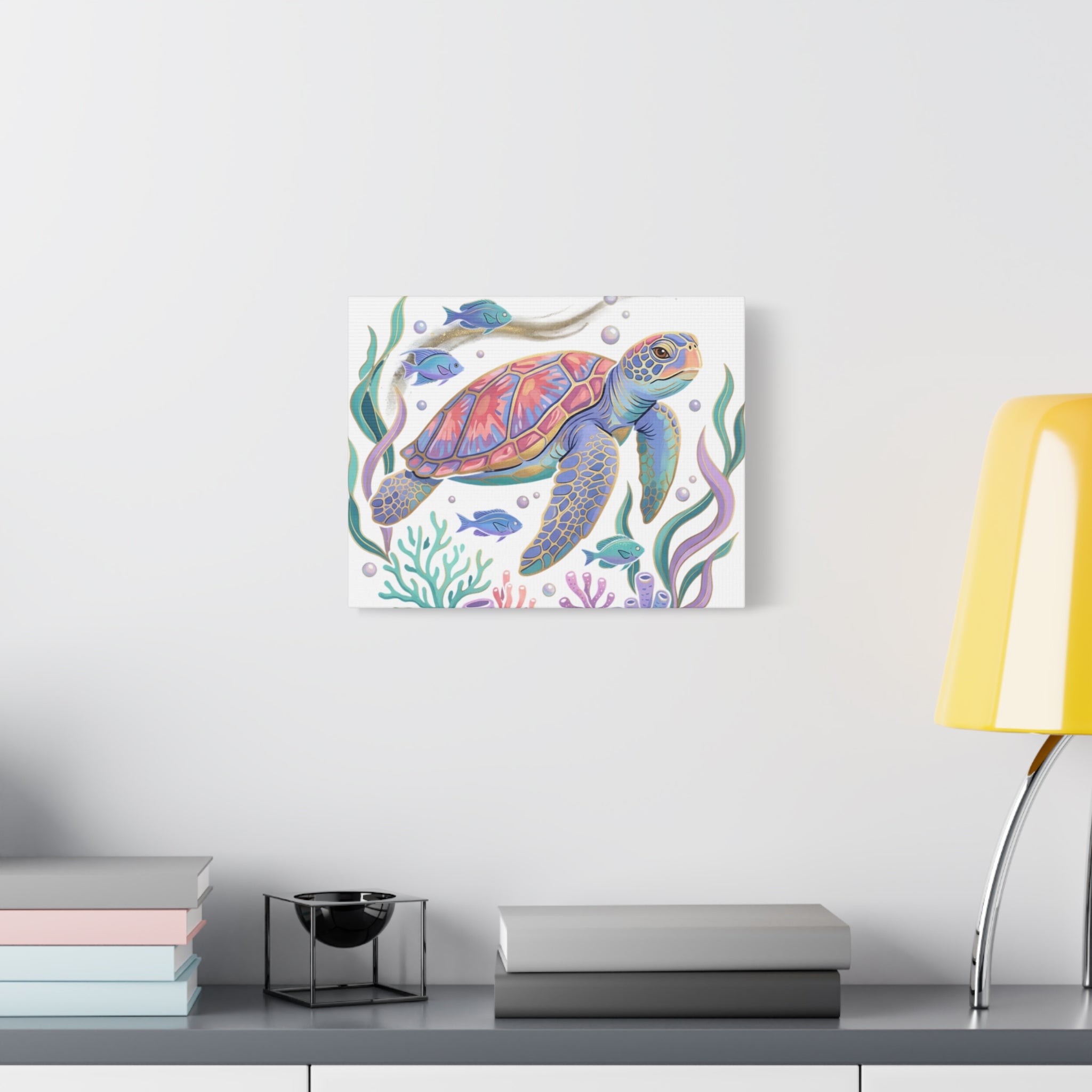 Colorful Sea Turtle Canvas Wall Art — Pastel Ocean Turtle Print on Matte Stretched Canvas