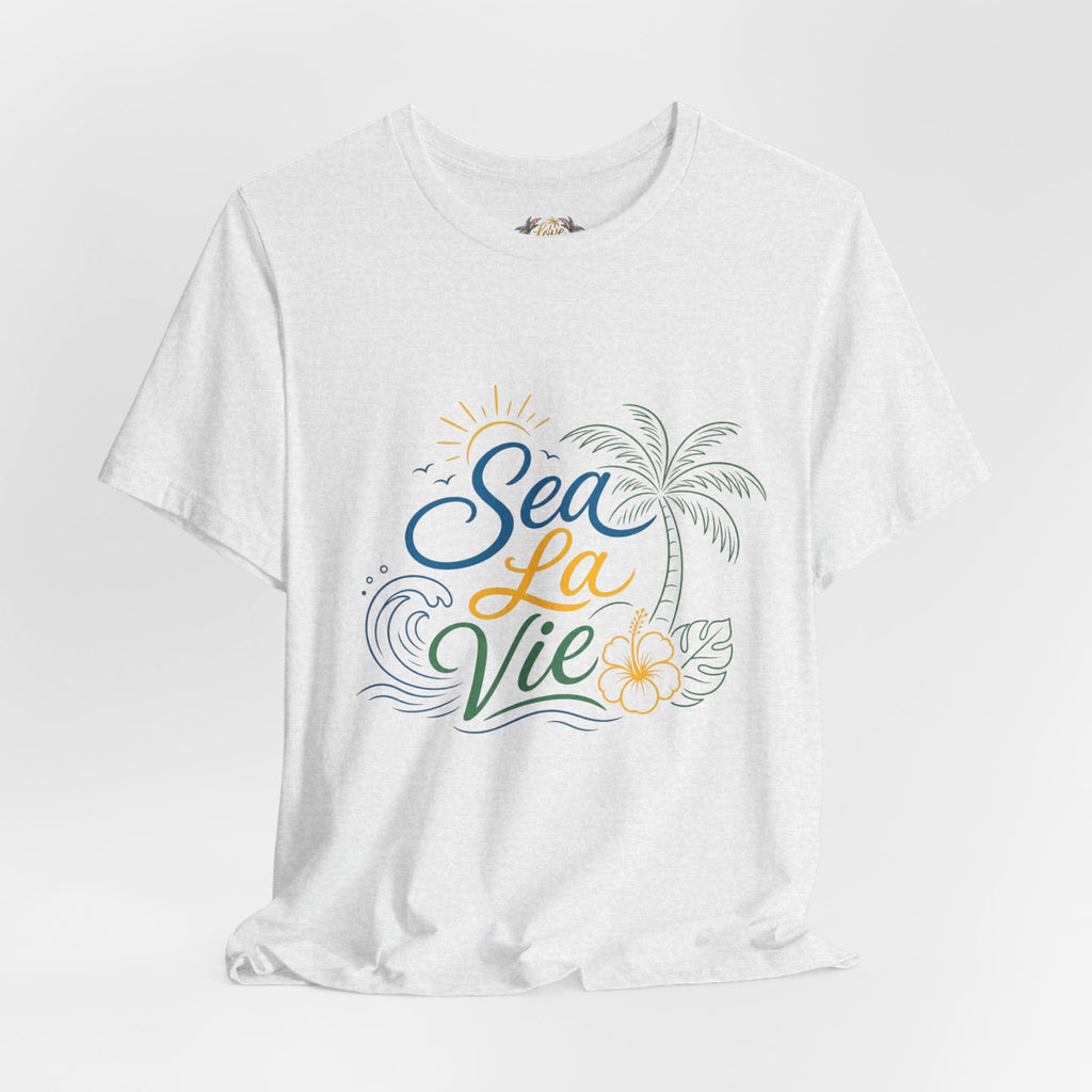 Sea La Vie beach palm graphic Tee | tropical waves, palm tree, hibiscus