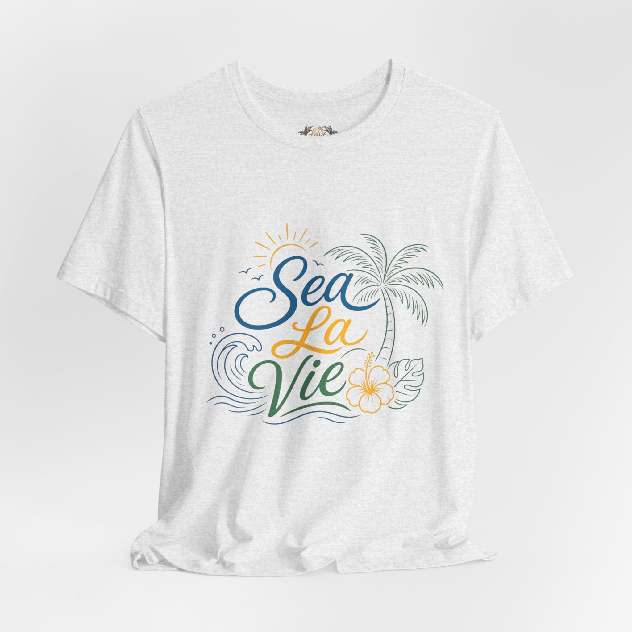 Sea La Vie beach palm graphic Tee | tropical waves, palm tree, hibiscus