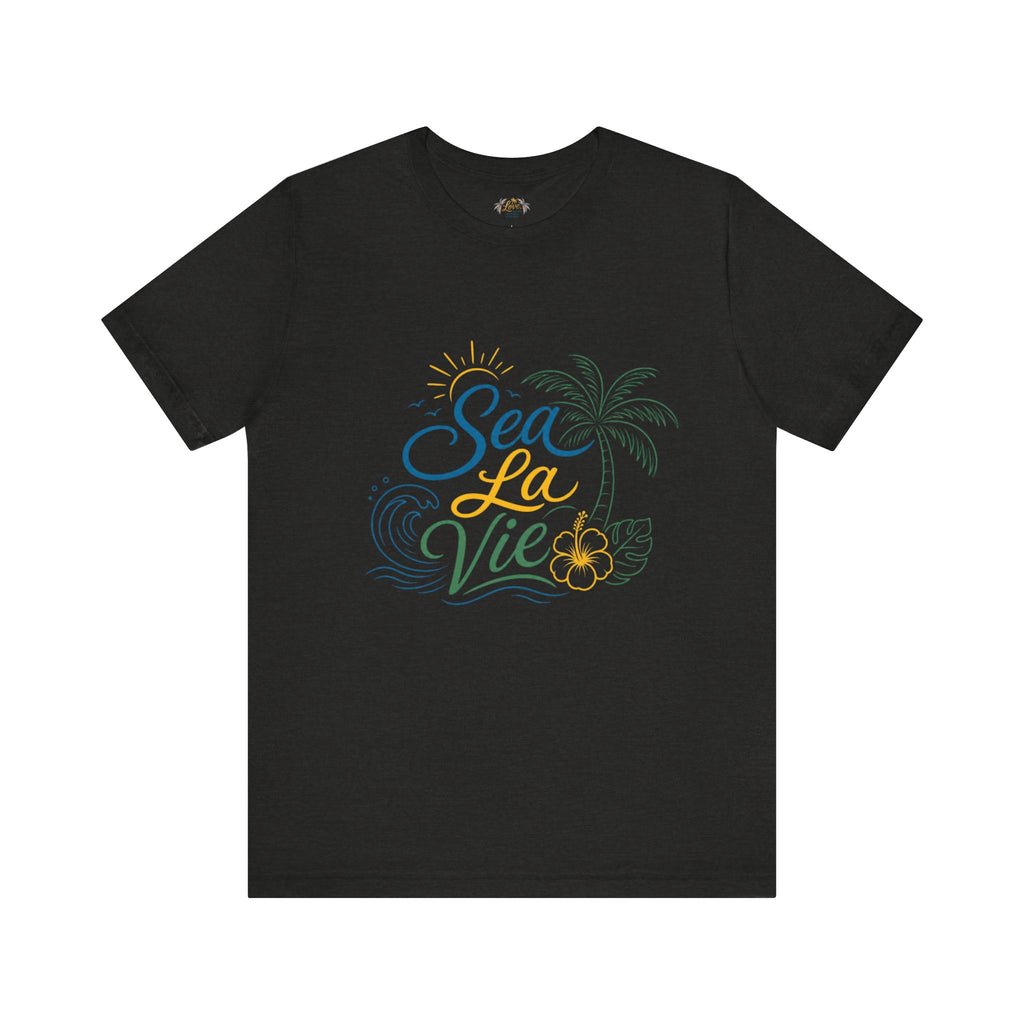 Sea La Vie beach palm graphic Tee | tropical waves, palm tree, hibiscus