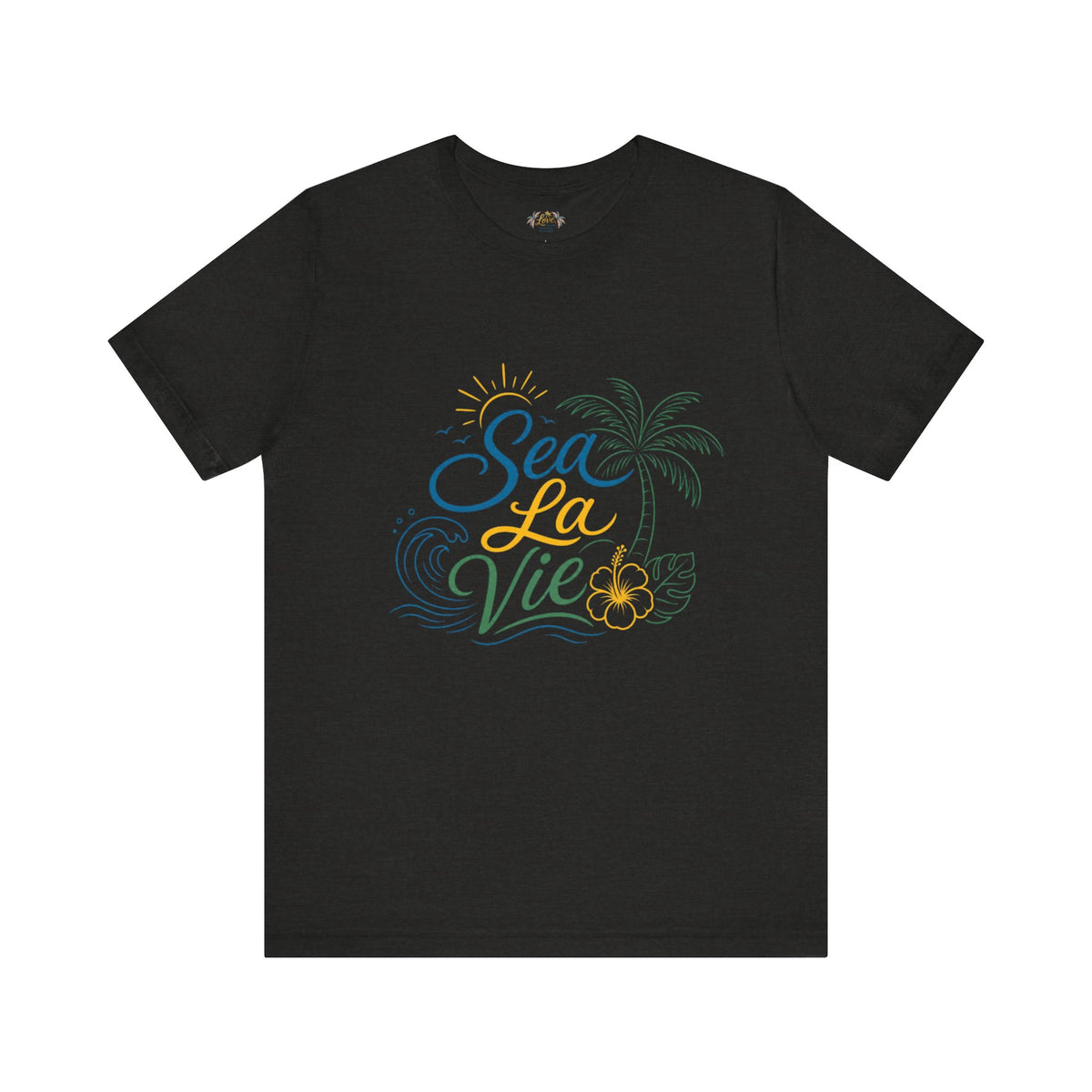 Sea La Vie beach palm graphic Tee | tropical waves, palm tree, hibiscus