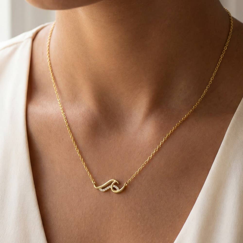 Gold Dipped Cz Pave Wave Pendant Necklace: Gold Dipped