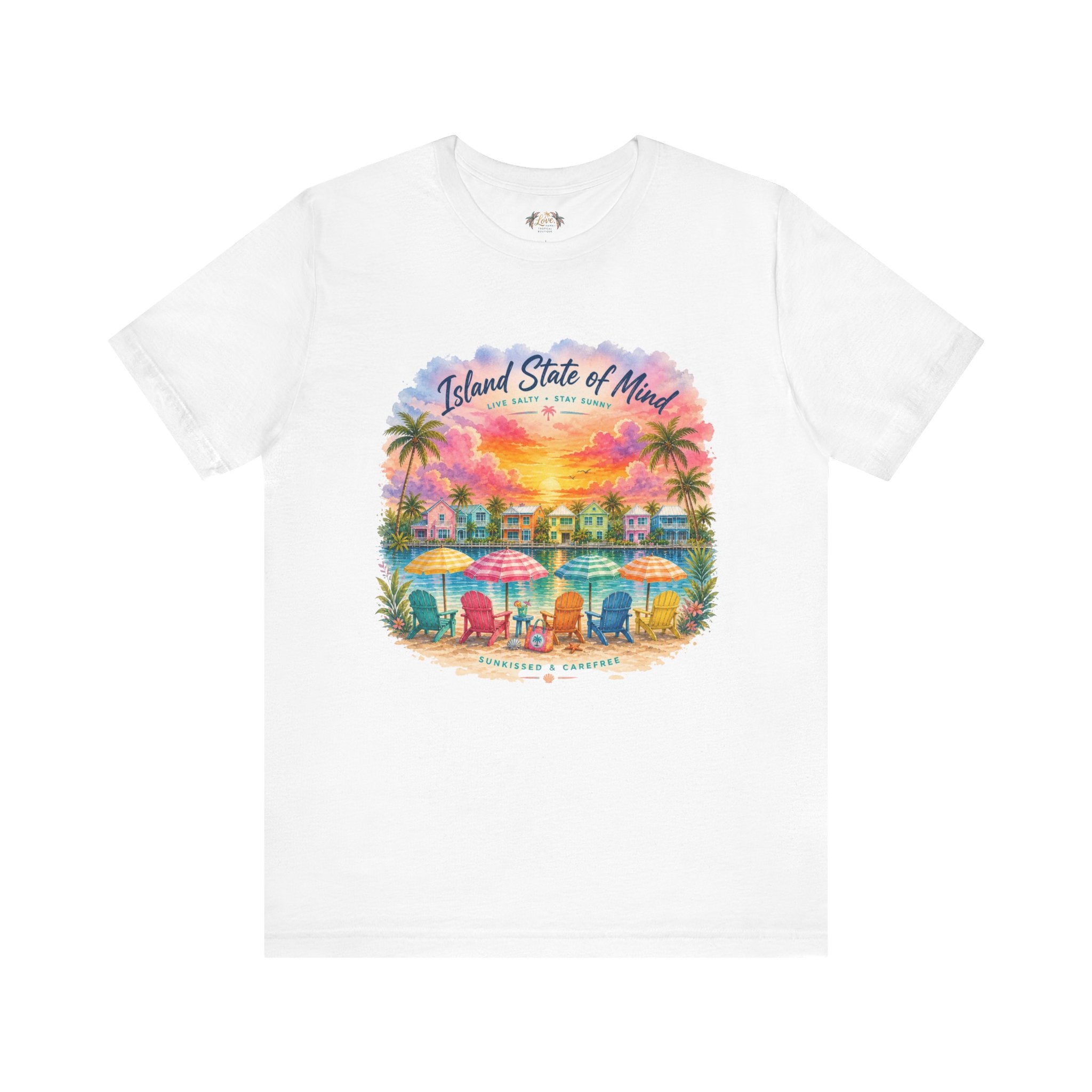 Island State of Mind T-Shirt | Tropical Beach Sunset, Palm Trees, Beach Chairs