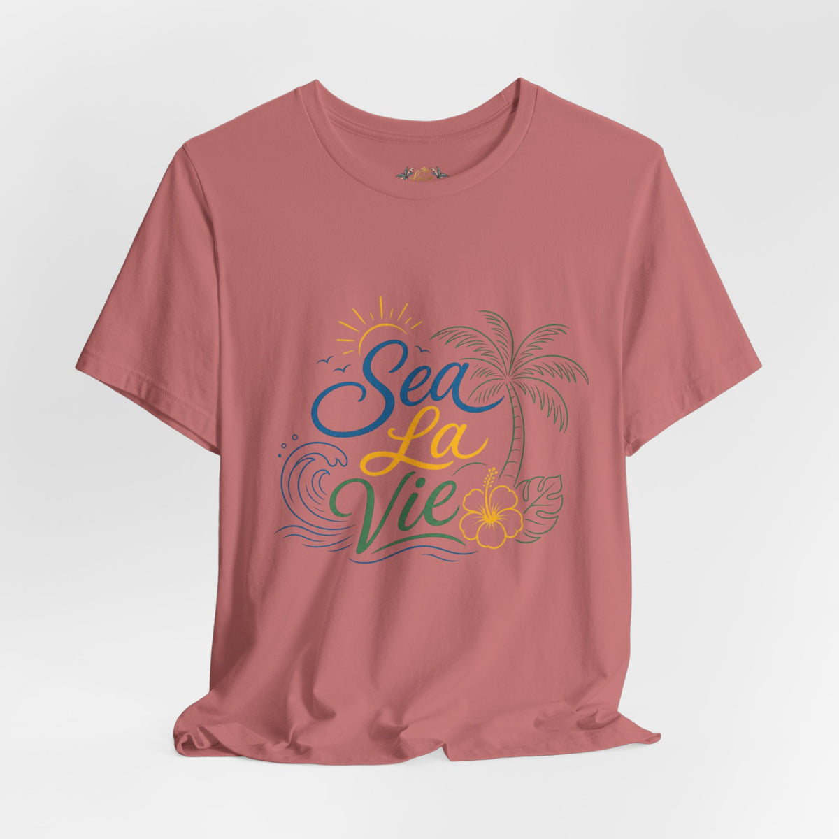 Sea La Vie beach palm graphic Tee | tropical waves, palm tree, hibiscus