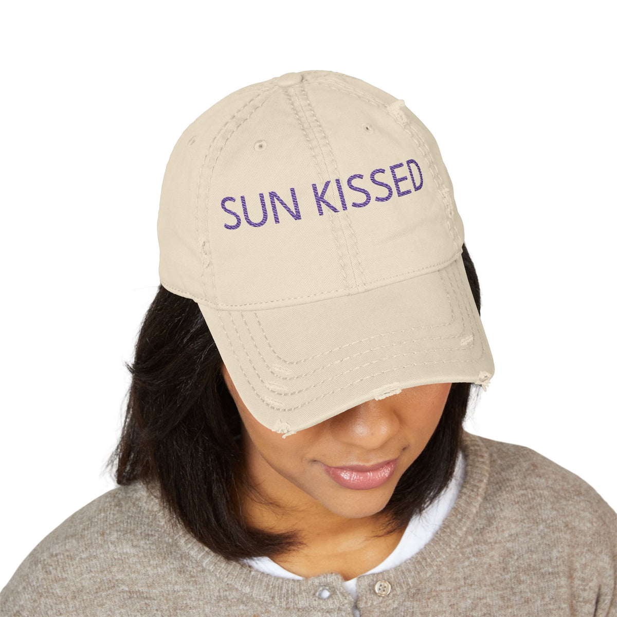 Sun Kissed Distressed Dad Hat — Embroidered Beige Baseball Cap