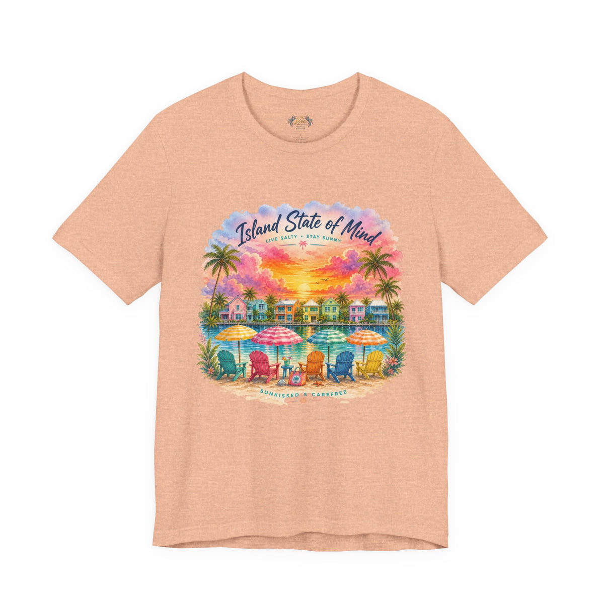 Island State of Mind T-Shirt | Tropical Beach Sunset, Palm Trees, Beach Chairs