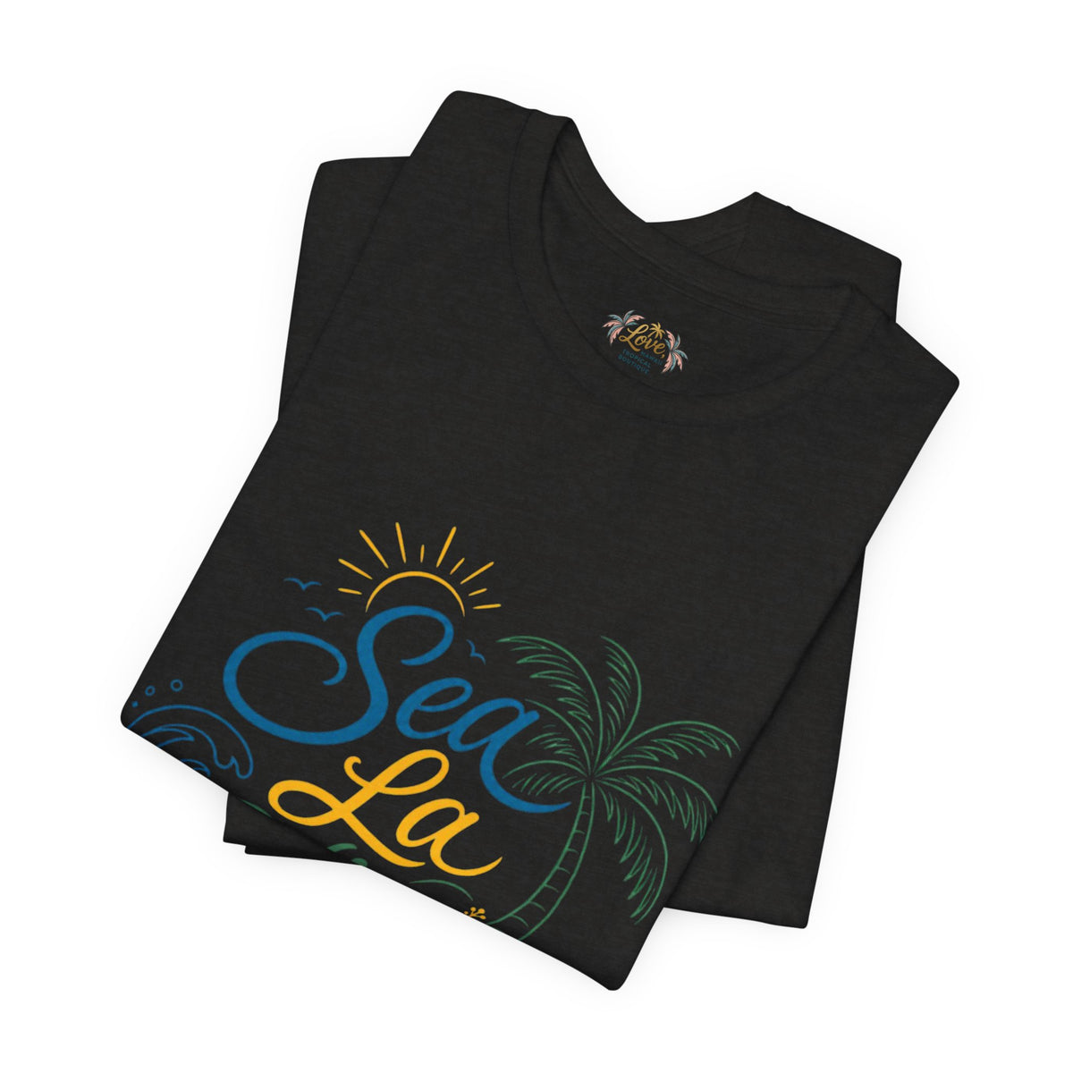 Sea La Vie beach palm graphic Tee | tropical waves, palm tree, hibiscus