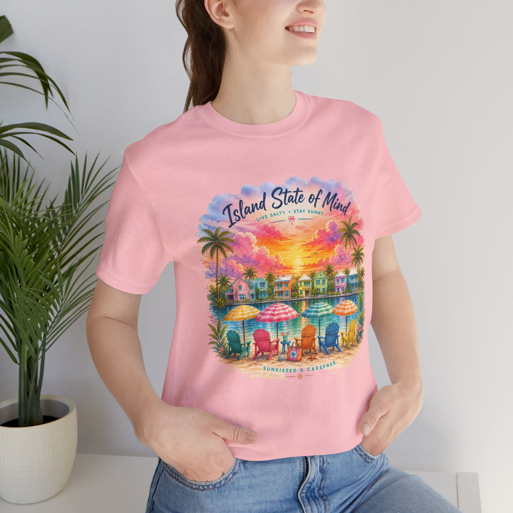 Island State of Mind T-Shirt | Tropical Beach Sunset, Palm Trees, Beach Chairs