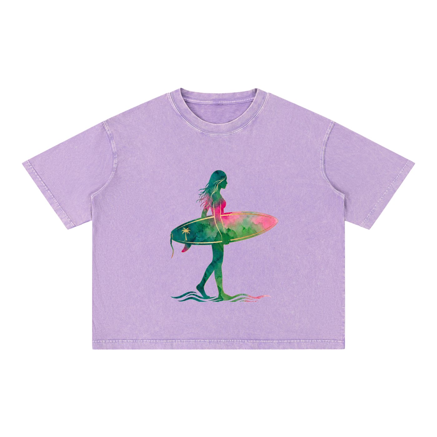 Watercolor Surf Silhouette Tee – Love, Hawaii Collection-Mineral Wash Boxy Cotton T-Shirt