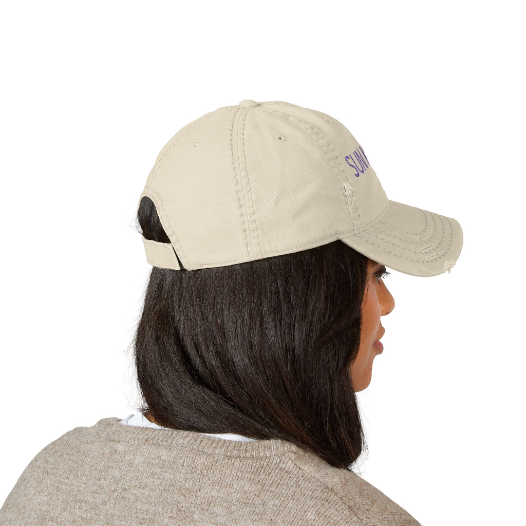Sun Kissed Distressed Dad Hat — Embroidered Beige Baseball Cap