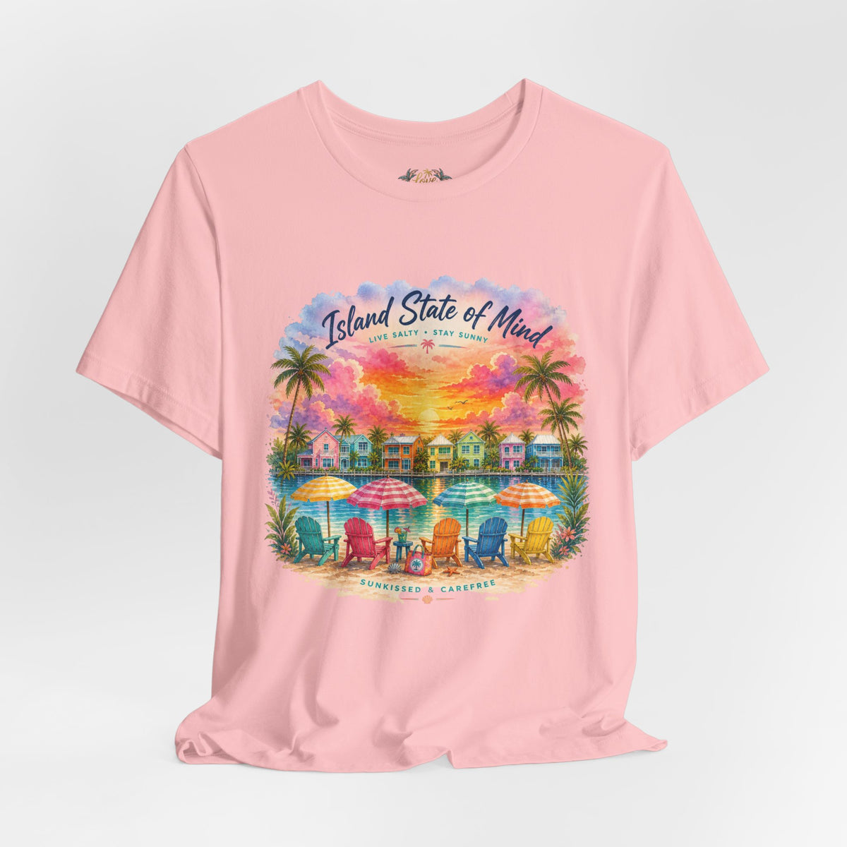 Island State of Mind T-Shirt | Tropical Beach Sunset, Palm Trees, Beach Chairs