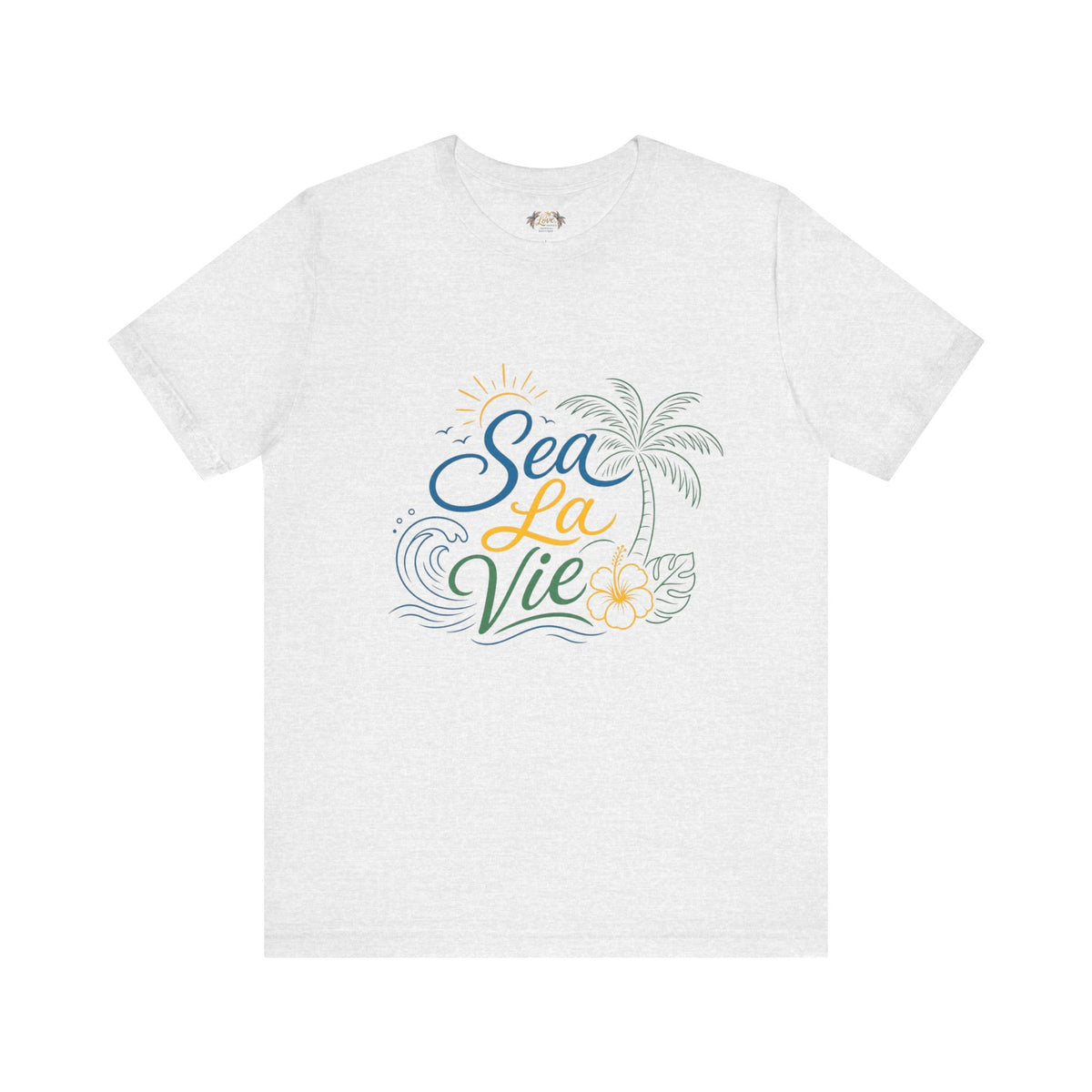 Sea La Vie beach palm graphic Tee | tropical waves, palm tree, hibiscus