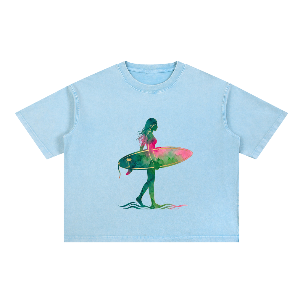 Watercolor Surf Silhouette Tee – Love, Hawaii Collection-Mineral Wash Boxy Cotton T-Shirt