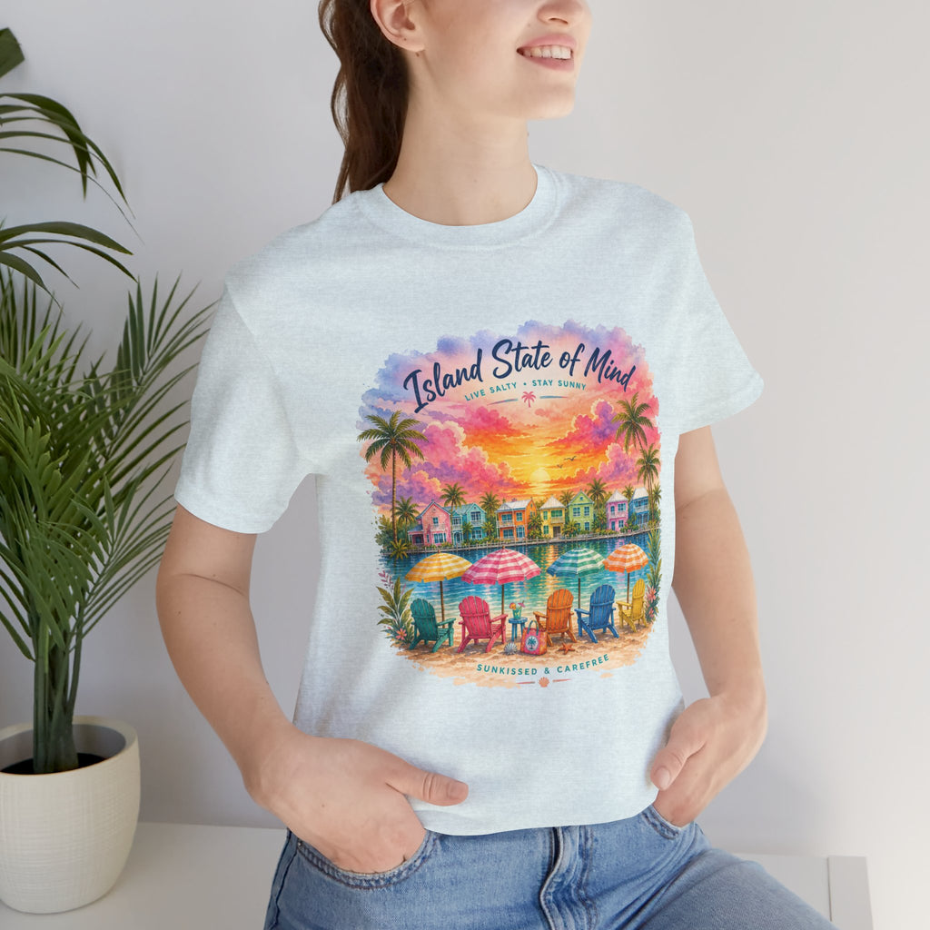Island State of Mind T-Shirt | Tropical Beach Sunset, Palm Trees, Beach Chairs