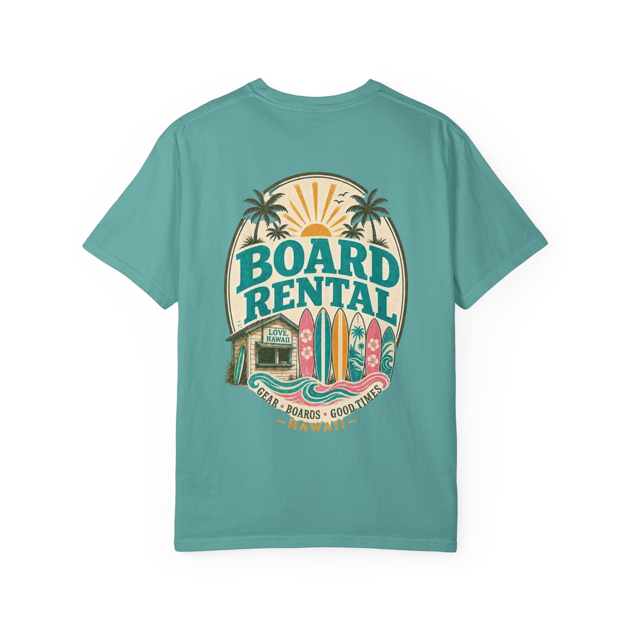 Board Rental T-Shirt — Hawaiian Surf Shop Graphic Tee (Back & Chest Print)