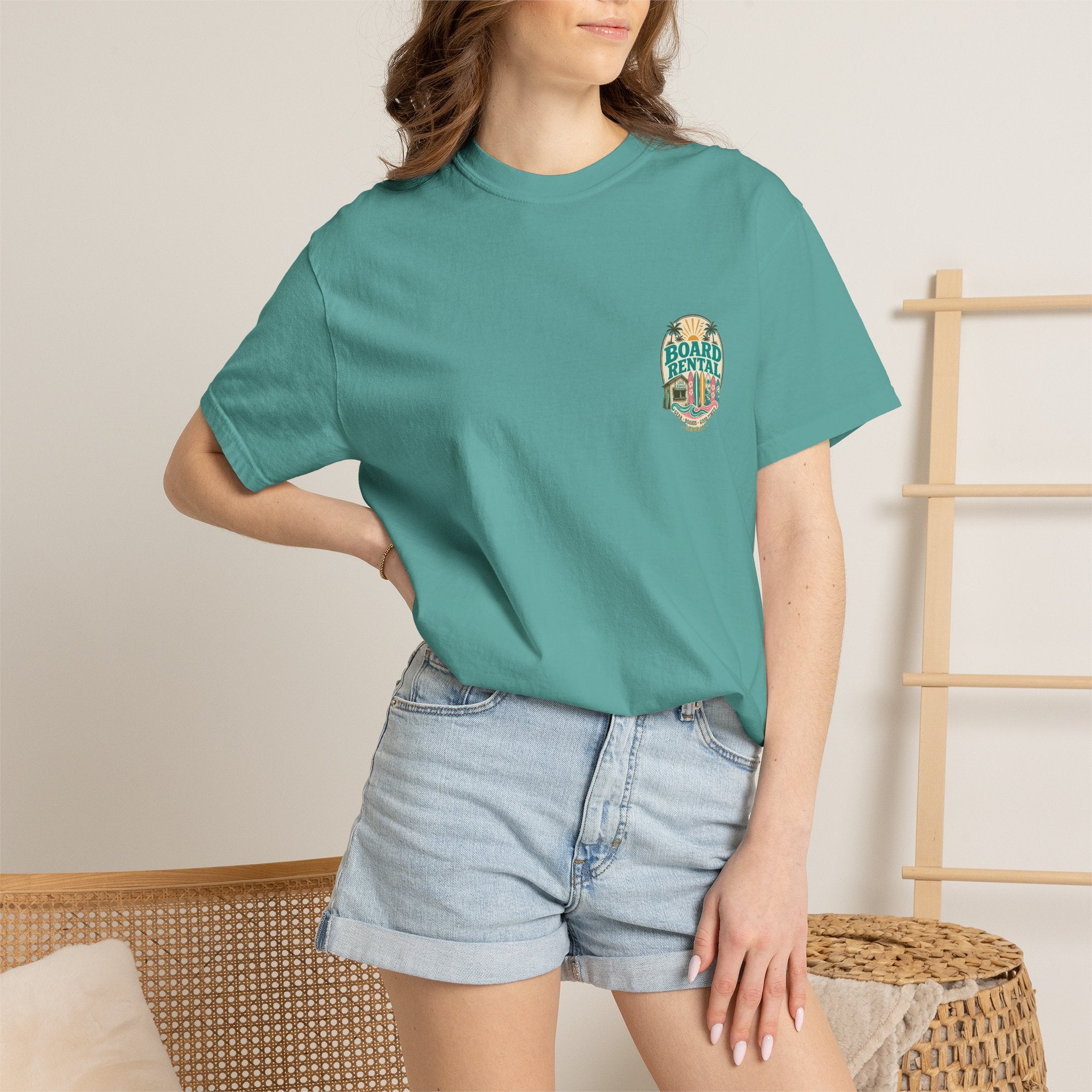 Board Rental T-Shirt — Hawaiian Surf Shop Graphic Tee (Back & Chest Print)