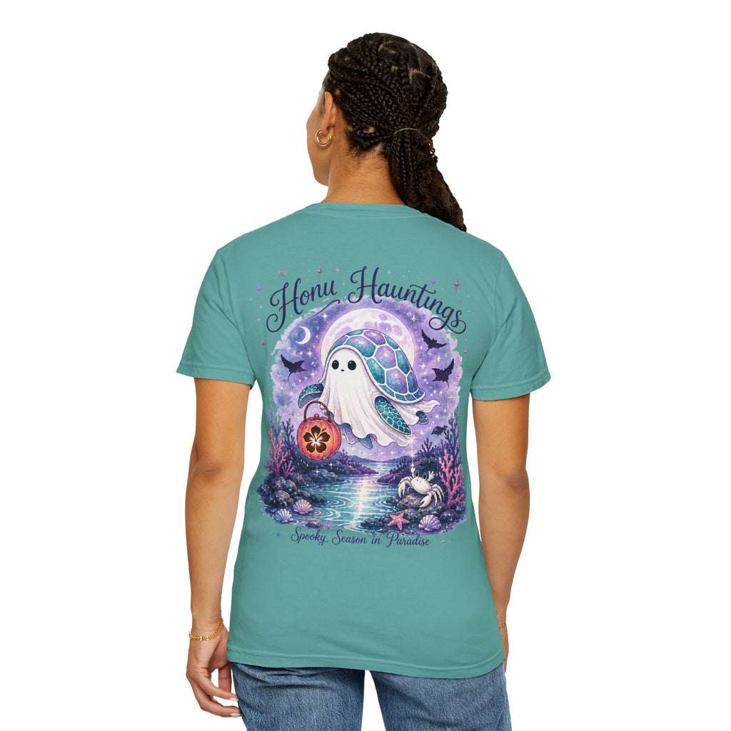 Honu Hauntings Halloween Shirt -Cute Ghost Turtle- Love Hawaii Spooky Season Tee -Tropical Halloween Graphic Tee