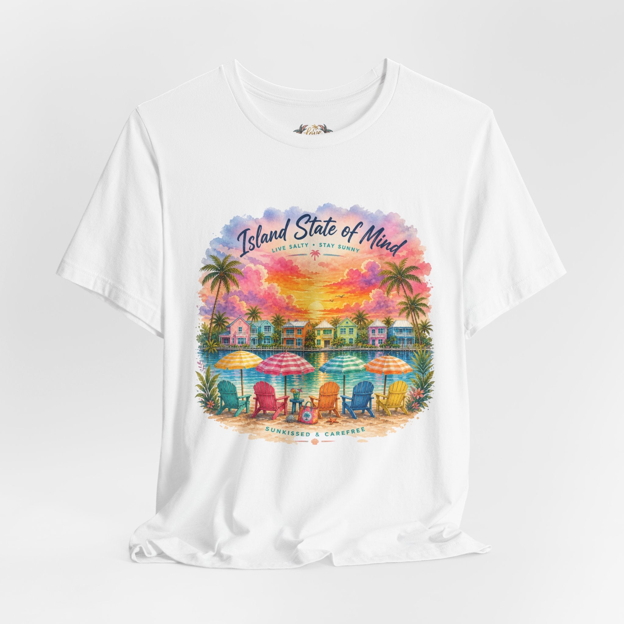 Island State of Mind T-Shirt | Tropical Beach Sunset, Palm Trees, Beach Chairs